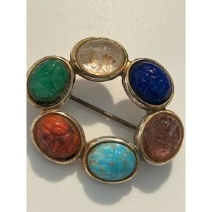 Vintage Multi Color Carved Scarabs Gold Tone Brooch Pin Egyptian Revival